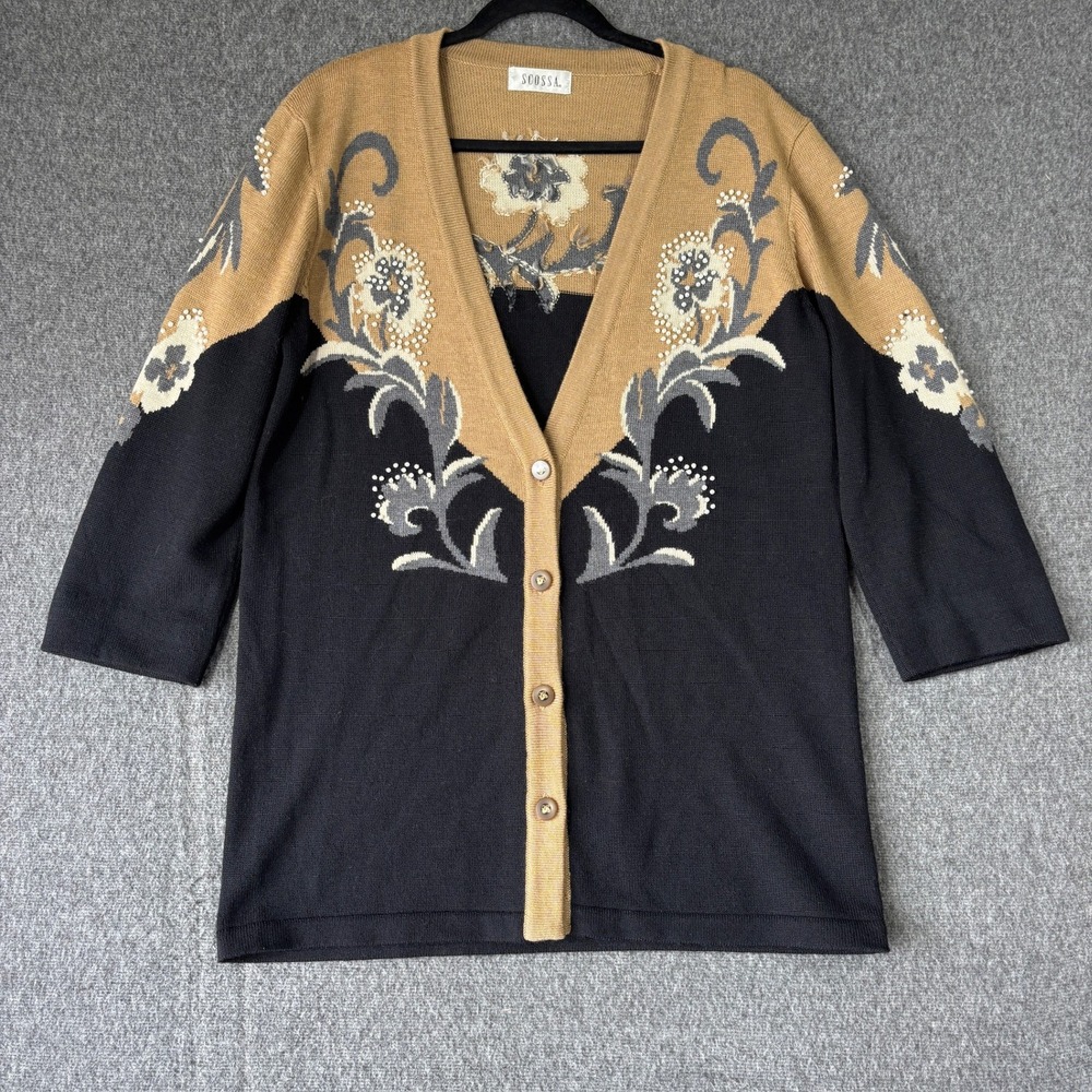 Scossa Womens 100% Wool Floral Pearl Cardigan Sweater‎ Tan Black L